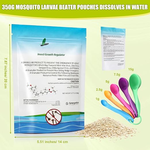 Biological Mosquito Control Pouches Dissolves in Water with Measuring Spoon Treats Up to 18744 Gallon 4.25% S-Methoprene IGR Larvae Won't Harm Fish Birds EPA Certified Rain Bath Pool 142g
