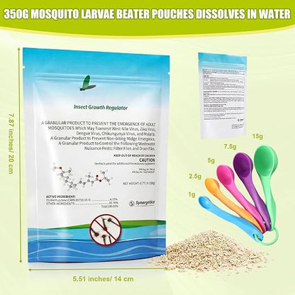 Biological Mosquito Control Pouches Dissolves in Water with Measuring Spoon Treats Up to 18744 Gallon 4.25% S-Methoprene IGR Larvae Won't Harm Fish Birds EPA Certified Rain Bath Pool 142g