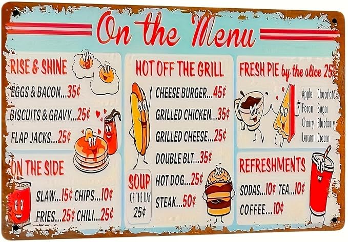 1 piece of vintage "On the Menu" metal iron signage - iron wall art plaque for restaurants, cafes, bars, farms, garages - Vintage style 12x8 inch poster board.