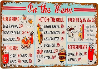 1 piece of vintage "On the Menu" metal iron signage - iron wall art plaque for restaurants, cafes, bars, farms, garages - Vintage style 12x8 inch poster board.
