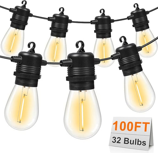 GvvooHome 100FT LED Outdoor String Lights, Commercial Grade Patio Lights with 30+2 Shatterproof S14 Edison Vintage Bulb for Outside Backyard Porch Balcony Party Cafe Decor
