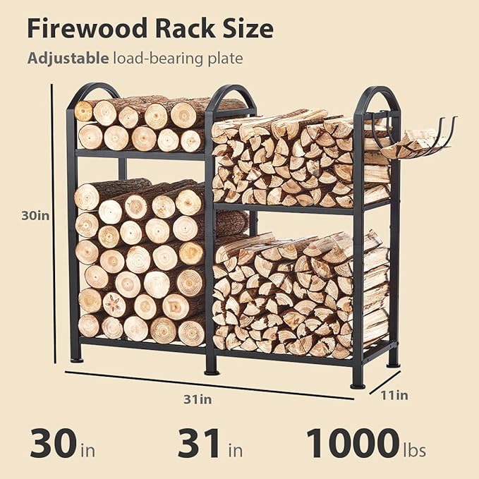 Firewood Rack Indoor Outdoor With Hooks, 31inch Firewood Rack, 2-Tier log holders for firewood outdoor, Fireplace Wood holder Indoor, Adjustable Small Fire Wood Storage