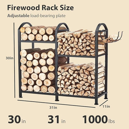 Firewood Rack Indoor Outdoor With Hooks, 31inch Firewood Rack, 2-Tier log holders for firewood outdoor, Fireplace Wood holder Indoor, Adjustable Small Fire Wood Storage
