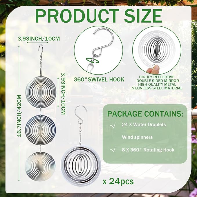 24 pcs Stainless Steel Bird Deterrents for Outside 3D Wind Spinners Outdoor Decor Reflective Bird Scare Discs Devices Deterrents Shiny Metal Reflectors Decor to Keep Woodpeckers Away (Round)