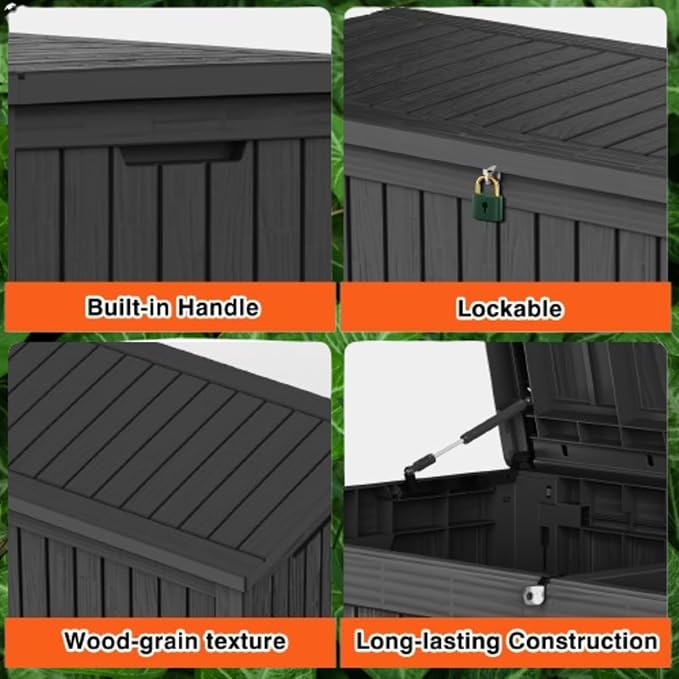 Outdoor Storage Box, 180 Gallon Waterproof Deck Box, Piston-Lift Tall Standing Cabinet for Oversized Cushions, Lockable Deep Tool Organizer Storage Bench, Large Lawn, Black