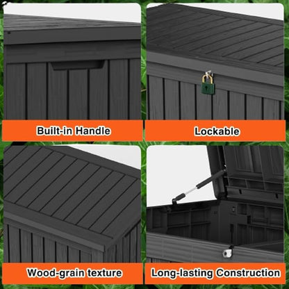 Outdoor Storage Box, 180 Gallon Waterproof Deck Box, Piston-Lift Tall Standing Cabinet for Oversized Cushions, Lockable Deep Tool Organizer Storage Bench, Large Lawn, Black