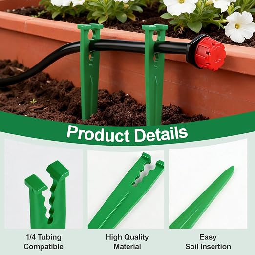 100 Pieces 1/4 Inch Drip Irrigation Support Stakes, 5.6-Inch Long Plastic 1/4'' Heavy-Duty Tubing Holder Stakes for Irrigation Hose/Emitter Support Garden Greenhouse Drip Supplies (Green)