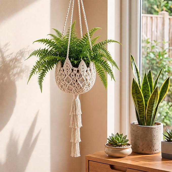 Shappy 1 Pack Boho Macrame Plant Hanger, Large Hanging Planter Plant Holder Pot Hanger Hanging Basket Wall Planters, Plants Lover Gift for Indoor Garden (Twist Braid,White)