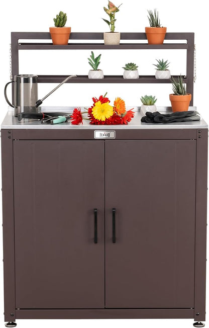 Feasto Outdoor Potting Bench Table with Storage Cabinet, Brown | Stainless Steel Garden Workstation, Raised-Edge Top, Adjustable Shelf & Removable Hutch, Patio, Balcony & Outdoor Workspace