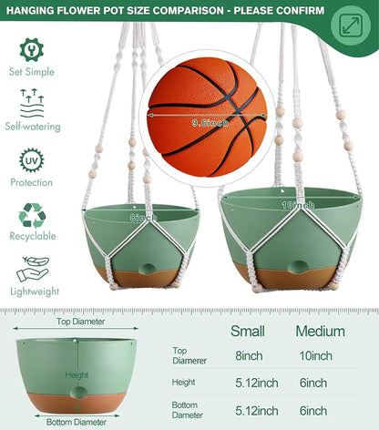 Set of 2-10 Inch Hanging Planters for Indoor Plants with Self-Watering Includes Hanging Pots for Plants, Outdoor Hanging Plant Pot with Drainage, and 2 Types of Baskets Hangers (Green, 10inch)