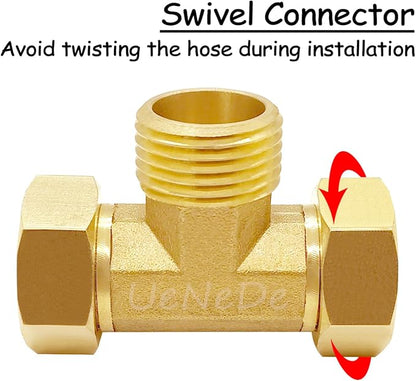 Uenede 2PCS Brass 3/4 Inch GHT Tee Pipe Fitting, 3/4" GHT Female x Male x Female for Garden Hose Threaded Tube Pipe Fittings