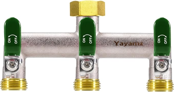 3 Way Garden Hose Splitter, Heavy Duty Brass Nickel Plated Rust Resistant Faucet Manifold, 3/4" Frost Resistant Outdoor Hose Adapter Connector，Hose Spigot Adapter with 3 Large Green Handles