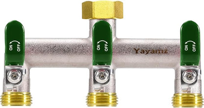 3 Way Garden Hose Splitter, Heavy Duty Brass Nickel Plated Rust Resistant Faucet Manifold, 3/4" Frost Resistant Outdoor Hose Adapter Connector，Hose Spigot Adapter with 3 Large Green Handles