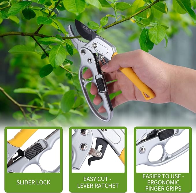 Premium Germany - Steel Pruning Shears, Work 3 Times Easier, Pruners Heady Duty, Sharp Garden Clippers Cuting Florist Flower, Hedge, Herb, Rose, Indoor Live Plants, Arthritis Weak Hand Snips