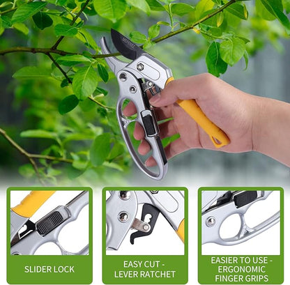 Premium Germany - Steel Pruning Shears, Work 3 Times Easier, Pruners Heady Duty, Sharp Garden Clippers Cuting Florist Flower, Hedge, Herb, Rose, Indoor Live Plants, Arthritis Weak Hand Snips