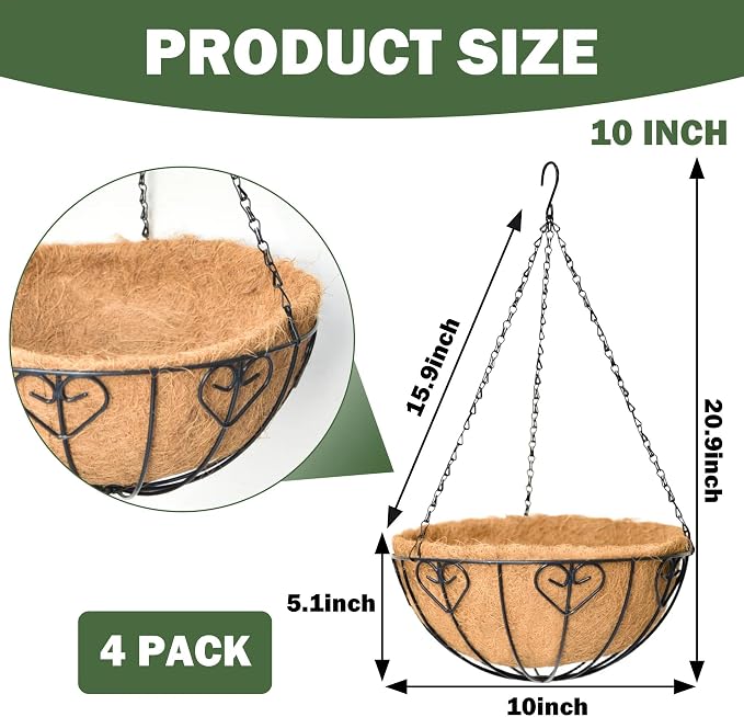 4 Pack 10 Inch Hanging Baskets for Plants Outdoor Metal Hanging Planter Basket with Coco Coir Liner Hanging Flower Pots Holder for Garden, Patio(Modern)