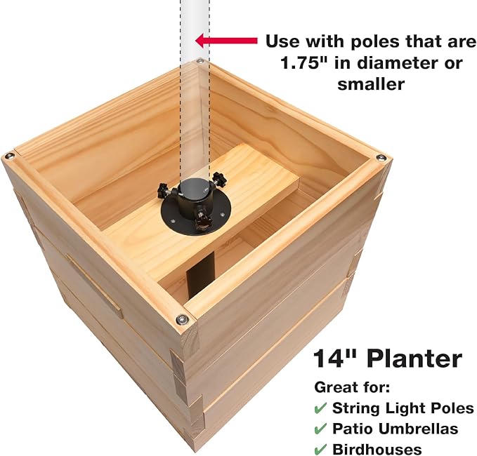 Large Decorative Wooden Planter with Universal Pole Support for String Light Poles, Umbrellas, Bird Feeders. Solid Wood Outdoor Garden Patio Box For Plants or Flowers, 14"x14"x14", Natural