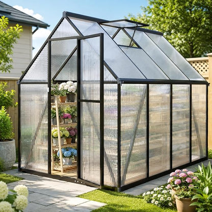 6x8FT Greenhouse, Plant Gardening Green Houses for Outside Heavy Duty with Aluminum Frame,Walk-in Outdoor Greenhouse, Polycarbonate Greenhouse, Quick Setup,Vented Roof Window, Charcoal Gray