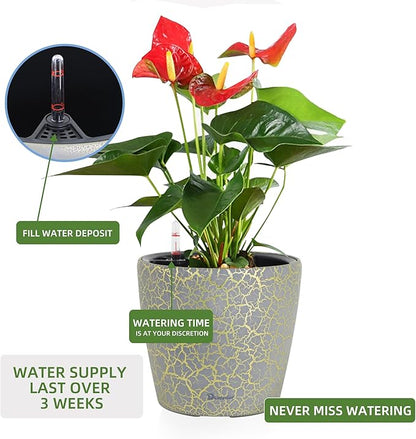 Dexceder 9x8 Self Watering Planter (Grey Gold Crackle) | Inner Pot Design, Thickened Table Flower Plant Pot with Water Level Indicator Indoor Outdoor