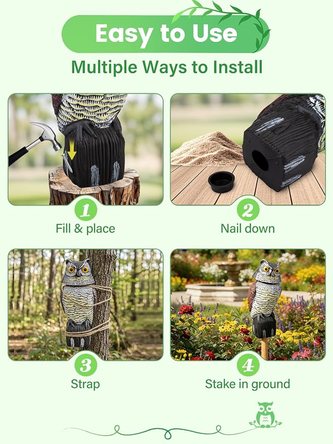 Owl Decoys to Scare Birds Squirrels Away, 360 Rotating Head Activated, Fake Owl Statues Repellent Pest Hawk Squirrel Cats Chickens Pigeon Bird Deterrents for Outside Garden Patios Backyard