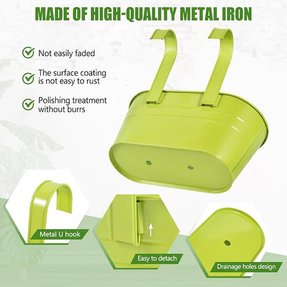 OBTANIM 4 Pack Metal Hanging Flower Pots Iron Railing Planter Outdoor Fence Hanging Pots Bucket Plant Holder with Detachable Hooks Drain Holes for Home Garden Yard Decor (Green)
