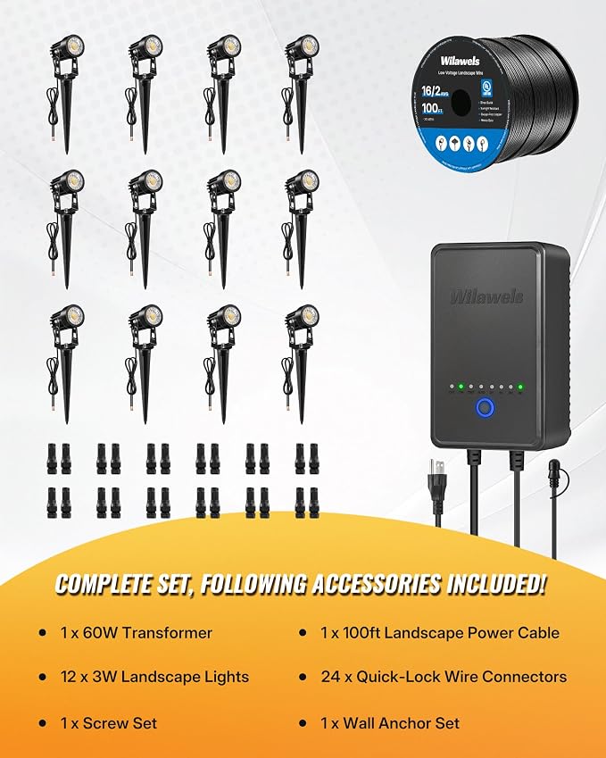 All-in-One LED Low Voltage Landscape Lighting Kit, 12-Pack Landscape Lights with Transformer, 100FT Wire and Connectors, 3000K Waterproof Outdoor Spotlights for Yard Garden Tree House W02LK06
