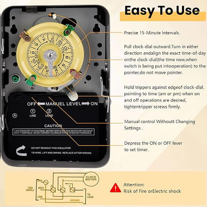T101 Mechanical Timer Switch - 120V 2HP 40A SPST Electromechanical Timers, 12 ON/Off 24 Hour Timer with Tripper for Lights, Pool Pumps, Water Heater Fans & HVAC Systems