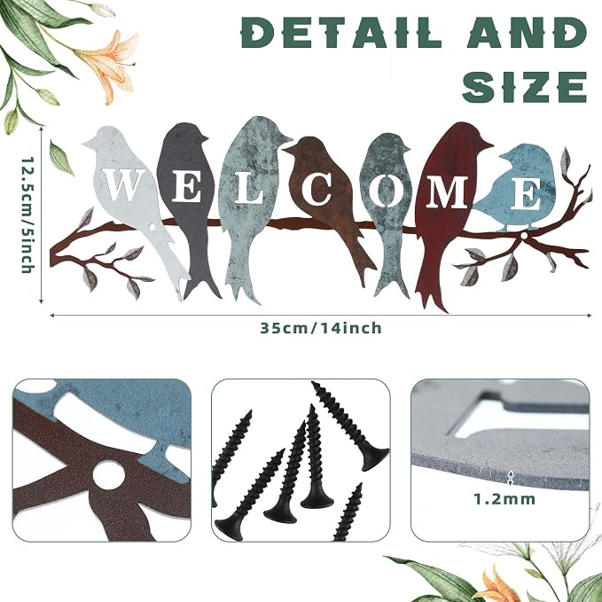 Peryiter Bird Wall Art Birds on Branch Welcome Sign Hanging Outdoor Metal Wall Decor Welcome Signs for Porch Vivid Statue Welcome Wall Decor Tree Silhouette for Bedroom Garden(Vintage Colors)