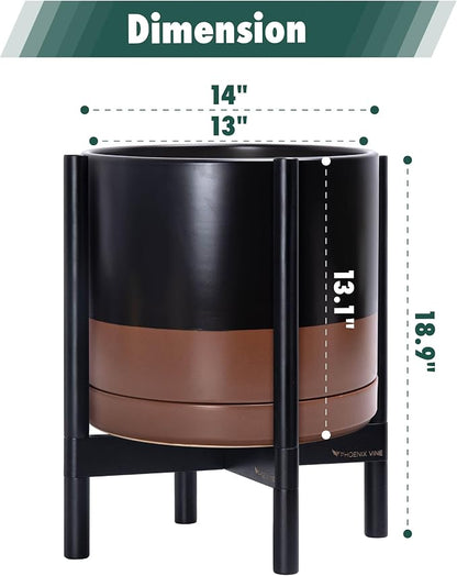 D'vine Dev Ceramic Planter with Ebony Stand - 14 Inch Modern Round Flower Pot with Wood Planter Holder, Black/Speckled Tan, 55-B-S-7
