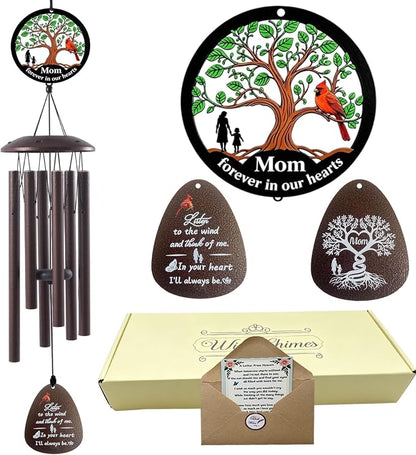 40" Memorial Wind Chimes for Loss of Mother, Memorial Gifts for Loss of Mom, Tree Holds Mother’s Love, Cardinal Carries Longing, Silhouette Captures Mother-Daughter Time, Cardinal Wind Chime