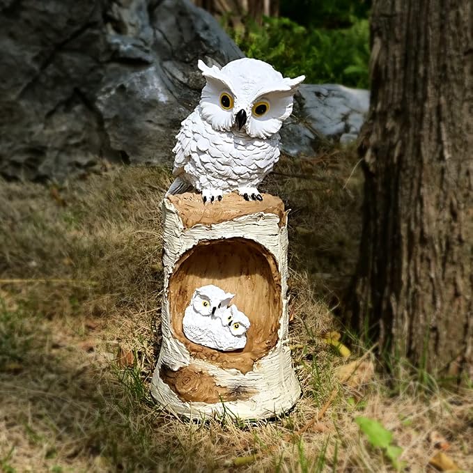 Solar Powered Owl Garden Decor Outdoor Statues Led Porch Backyard Figurine Light Great Horn White Sculpture for Lawn Ornament Patio Decorations Waterproof