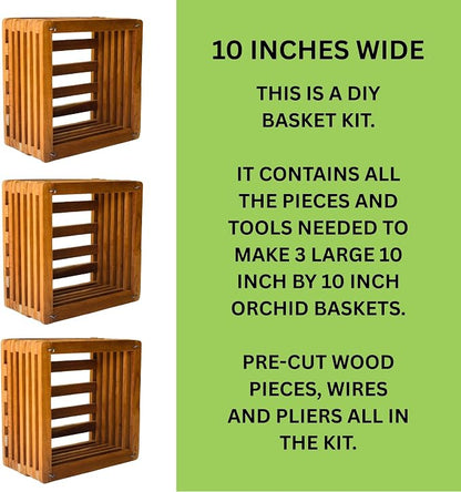 Orchid Basket Making Kit for 3 Strong 10 Inches Wide Wooden Hanging Orchid Baskets for Outdoors with Hangers, for Orchids, Staghorn Ferns, Handmade Rustic Wood Vanda Baskets, Staghorn Fern Mount