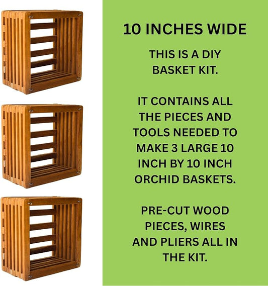 Orchid Basket Making Kit for 3 Strong 10 Inches Wide Wooden Hanging Orchid Baskets for Outdoors with Hangers, for Orchids, Staghorn Ferns, Handmade Rustic Wood Vanda Baskets, Staghorn Fern Mount