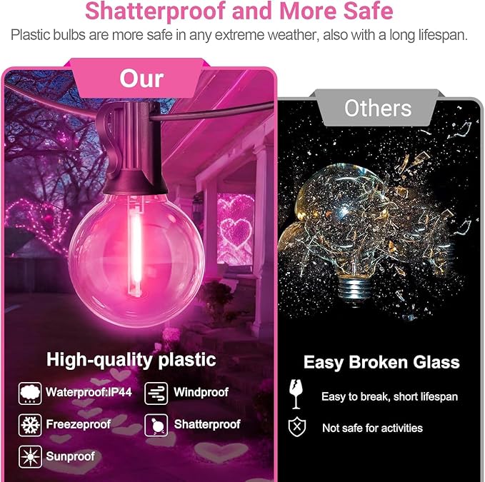 LAMPHOME 4 Pack 26FT Pink G40 LED Outdoor String Lights, Valentine's Day Decor with 13 Shatterproof Globe Bulbs, Waterproof Hanging Patio Lights or Balcony Backyard Garden Wedding Party Home Decor