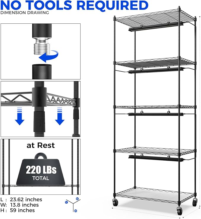 CX91 5-Tier Plant Stand with Grow Lights for Indoor Plants, Metal Plant Shelf Display Rack with 1.6FT 25W(Per Light) Full Spectrum Plant Lights for Indoor, Balcony, Living Room, 23.6x13.8x59IN
