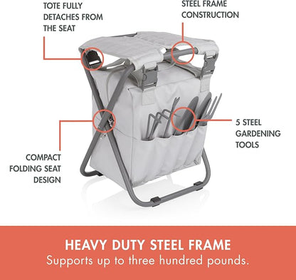 Picnic TIME Gardener 2.0 Folding Seat with Tools, Folding Garden Stool with Detachable Storage Tote Bag, Portable Folding Chair Seat with Garden Tools Set Organizer, (Fog Gray)