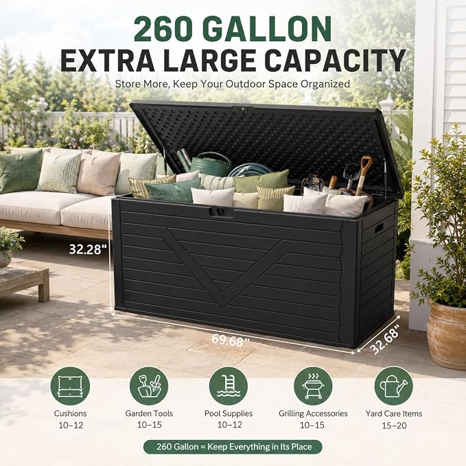 260 Gallon Outdoor Storage Box, Waterproof Resin Double-Wall Deck Box Organizer with Removable Dividers for Patio Cushion Storage, Lockable Outside Container for Garden Tools