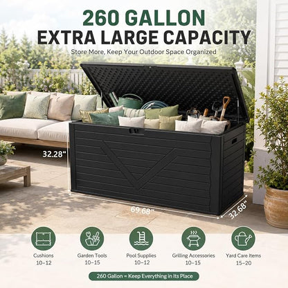 260 Gallon Outdoor Storage Box, Waterproof Resin Double-Wall Deck Box Organizer with Removable Dividers for Patio Cushion Storage, Lockable Outside Container for Garden Tools