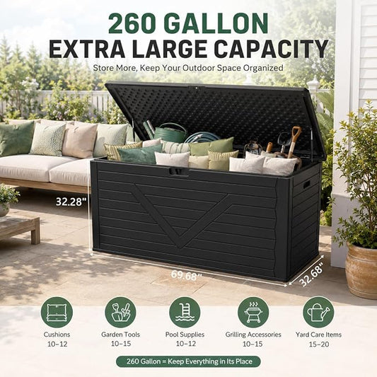 260 Gallon Outdoor Storage Box, Waterproof Resin Double-Wall Deck Box Organizer with Removable Dividers for Patio Cushion Storage, Lockable Outside Container for Garden Tools
