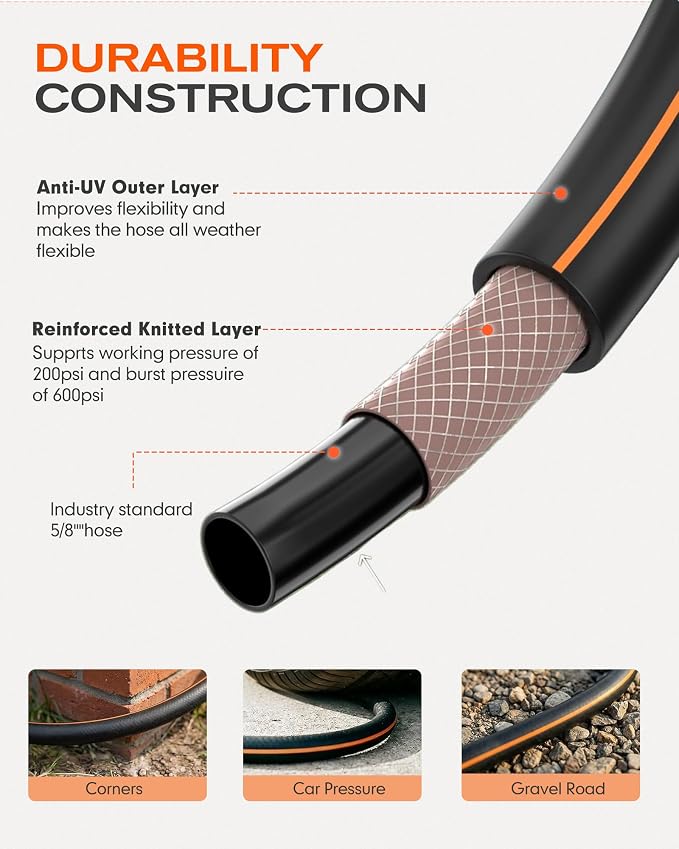 Heavy Duty Garden Hose 10 FT x 5/8" | Non-Expandable Hybrid Rubber Water Hose, Flexible & Leakproof All-Weather Yard Hose with Solid Fittings, Black/Orange