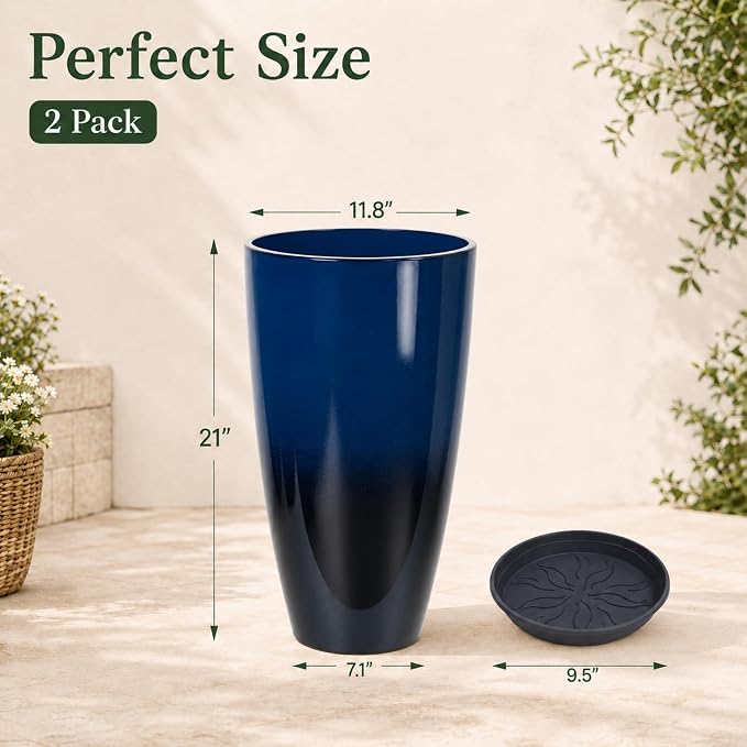 Neoaider Set of 2 Tall Planter, 21 inch Large Plastic Planter, Dark Blue | Ceramic-Look, Lightweight, Built-in Drain Hole, Saucers, Tall Outdoor Planter for Porch, Garden, Patio, Balcony