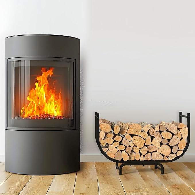 LIANTRAL 31.5 Inch Firewood Rack Outdoor Indoor, Curved Metal Wood Rack Heavy Duty Log Holder for Firewood Storage Holder Stand Wood Pile Storage Rack for Fireplace, Black