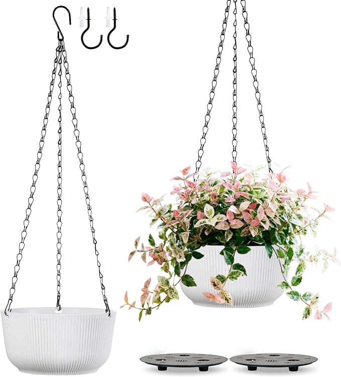 8 Inch Hanging Pots for Indoor Outdoor Plants Set of 2 | Self-Watering Hanging Planters with Internal Saucers, Drainage Holes & Plugs (Hooks)