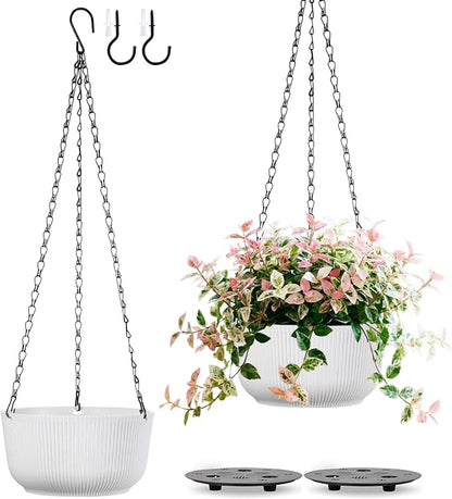 8 Inch Hanging Pots for Indoor Outdoor Plants Set of 2 | Self-Watering Hanging Planters with Internal Saucers, Drainage Holes & Plugs (Hooks)