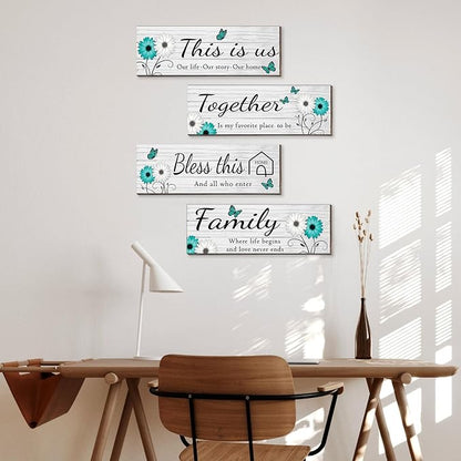 4 Pcs White Farmhouse Wall Decor with Teal Butterflies & Daisies, Rustic Wooden Signs Set, Floral Wall Art for Living Room Bedroom, Housewarming Gift, 4.7" x 13.8"