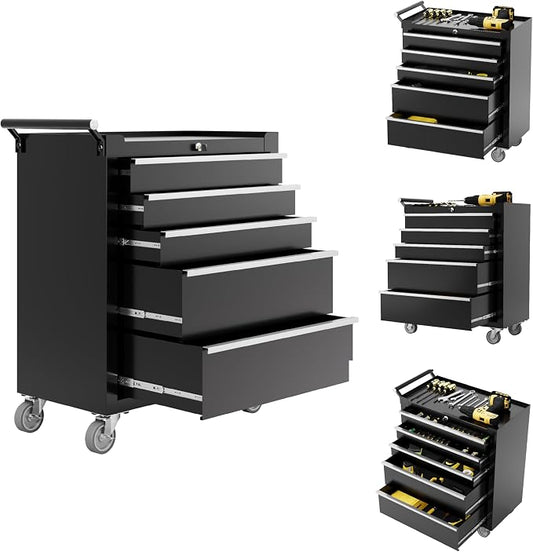 Rolling Tool Chest, 5-Drawer Tool Storage Cabinet, Tool Box with Wheels, Lock System and Drawer Liners, Tool Cart for Warehouse, Workshop and Repair Shop, Black
