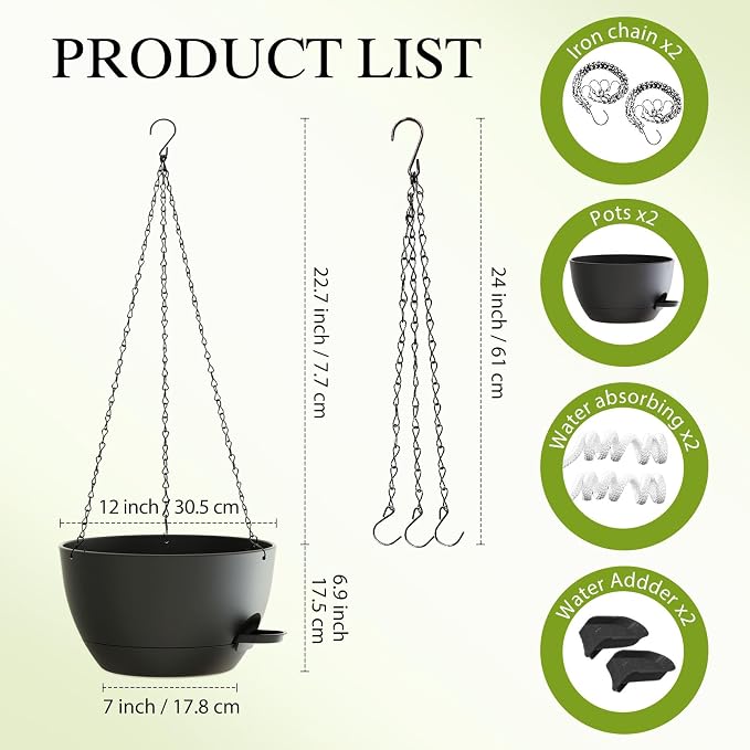12 Inch Hanging Baskets 2 PC with Chains, Self-Watering Hanging Planters for Indoor Outdoor Plants, Plastic Hanging Flower Pots,Black