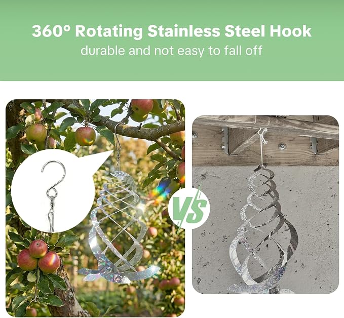 OFFO Bird Reflectors, 9.8 inch Double-Sided Reflective Bird Scare Devices with Stainless Steel Hook, Spiral Reflectors Outdoor Garden Decor for Tree Patio Farm Orchard Porch Pool Window, 4 PCS