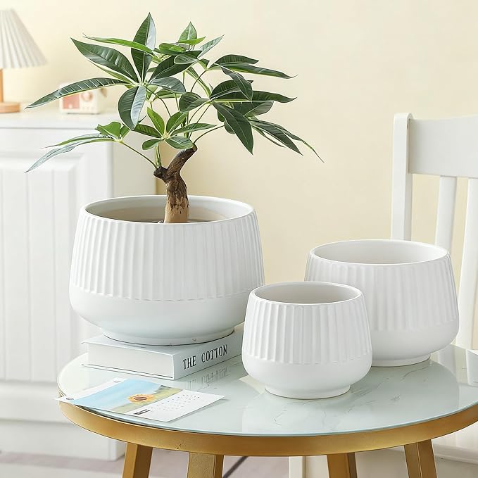 OXART Ceramic Plant Pot, 12+9+6.6 inch Large Plant Pot with Drainage, 3 Piece Planters for Indoor Plants, Modern Decor Home Office Garden Flower Pots for Indoor Outdoor Plant Set, White