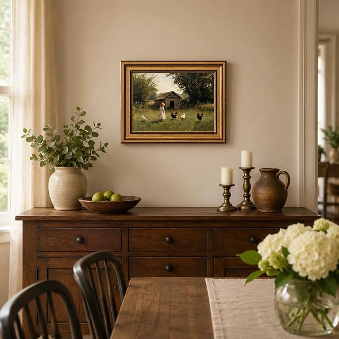 Devunaty Gold Framed Country Canvas Wall Art, Vintage Farm Girl with Chickens Poster Print, Rustic Landscape Painting Picture, Pastoral Farmhouse Artwork Wall Decor for Bedroom Nursery Bathroom 12x16in
